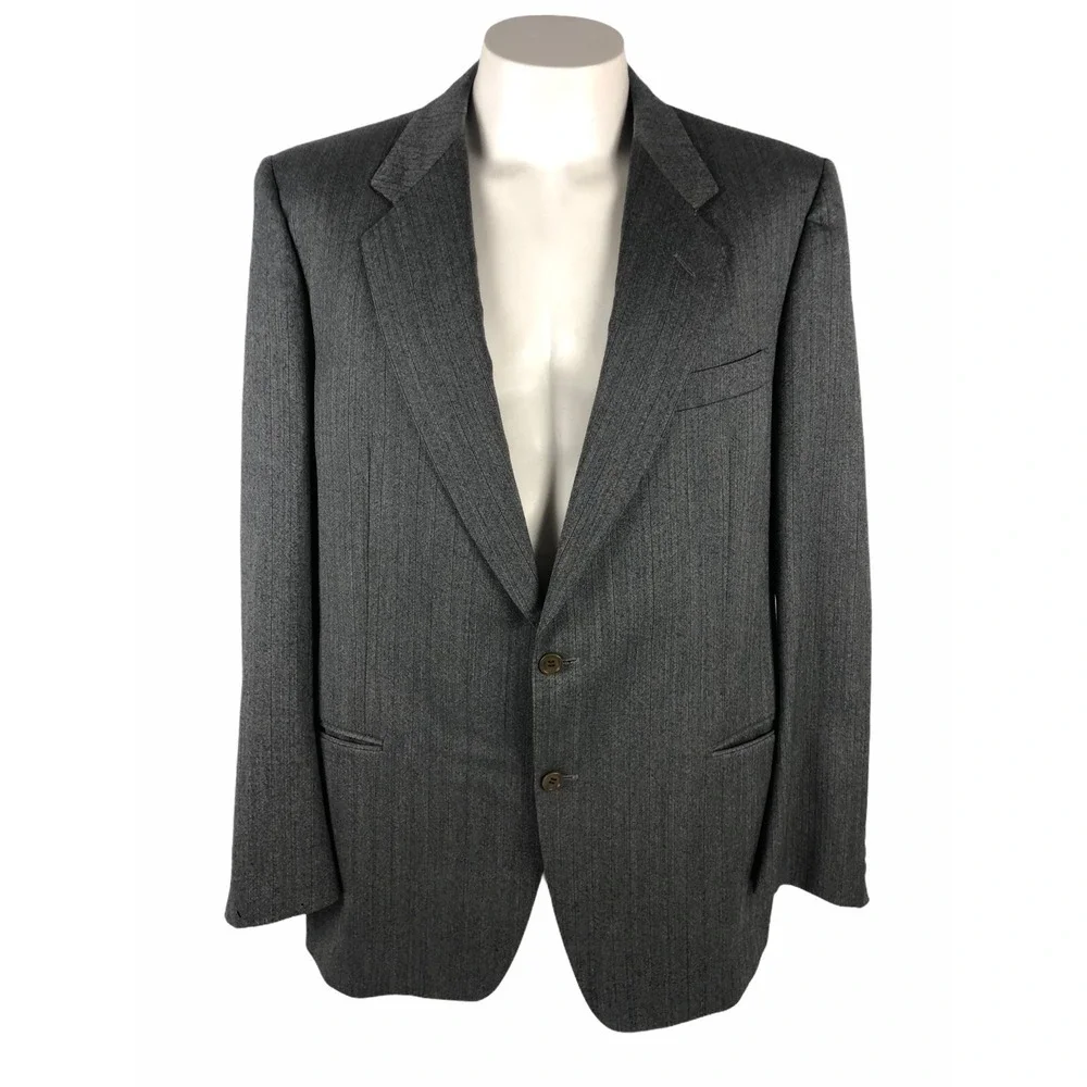 Canali Mens 46 56 Long Blazer Gray Herringbone Striped 100% Wool 2 Button Italy